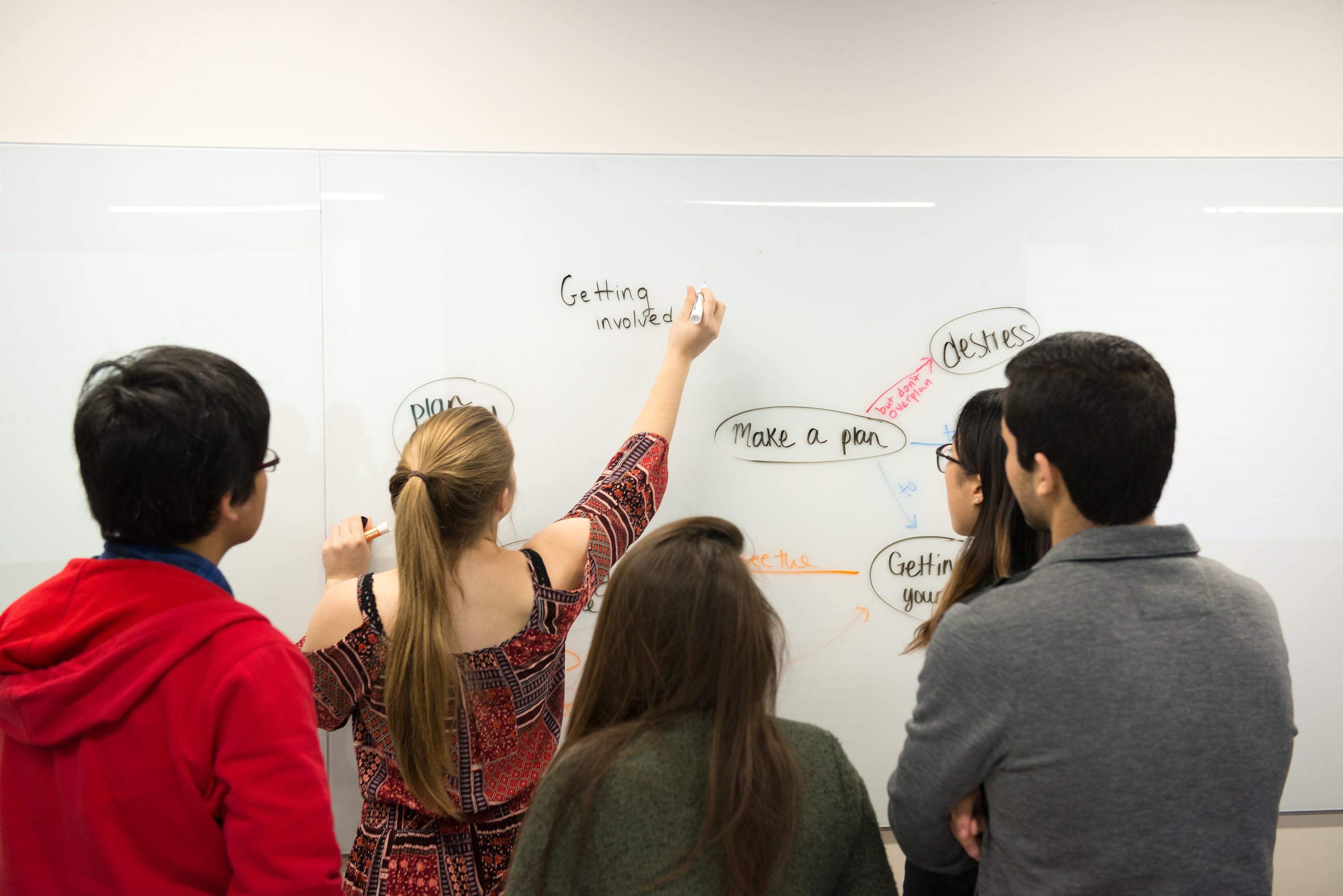 A group of students writing on a whiteboard